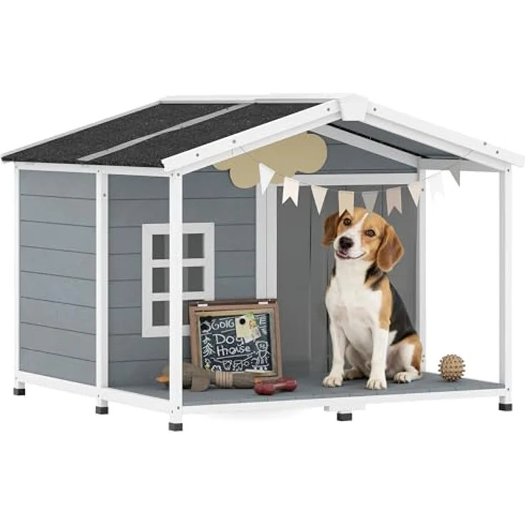 PawHut Hundehütte Wetterfestes Hundehaus aus Holz, Erhöhte Hundehöhle mit Aufklappbarem Asphaltdach, Terrasse und Fenster, für mittelgroße Hunde bis 20 kg, Grau, 103 x 107 x 83,5 cm – Bild 1