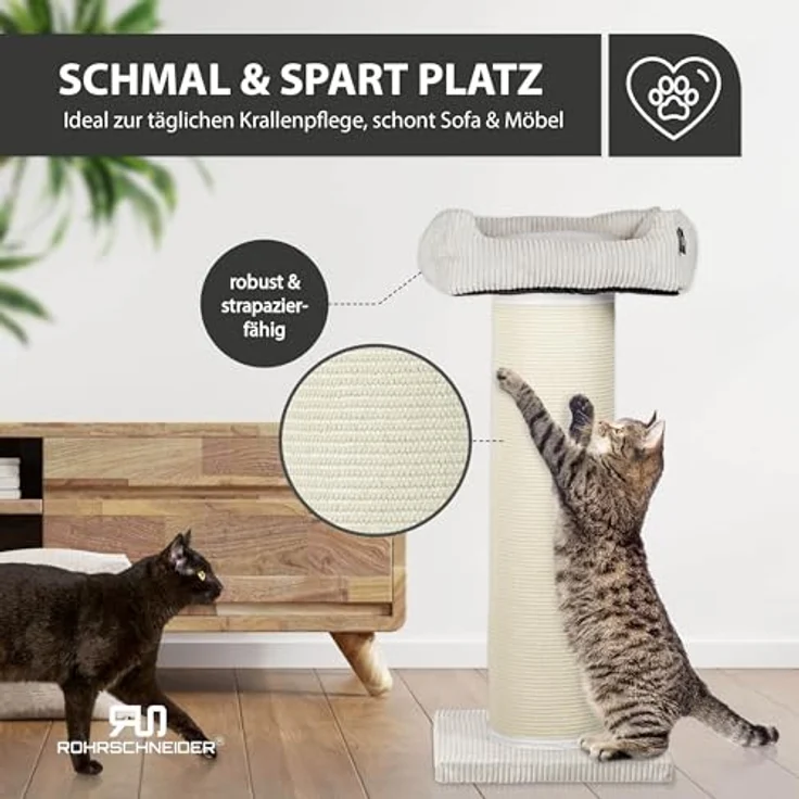Rohrschneider Kratzbaum XXL Frieda – Kratztonne mit tauschbaren Kratzmatten, stabiler breiter Säule, waschbarem Cord-Bezug in beige für große, mittlere und kleine Katzen – Bild 5