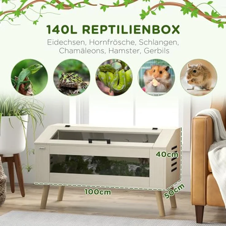 PawHut Terrarium für Reptilien, 100 x 50 x 60 cm, 140L Fütterungsbox mit gehärteten Glasfenstern, aufklappbarem Deckel und optimaler Belüftung, Eiche – Bild 3