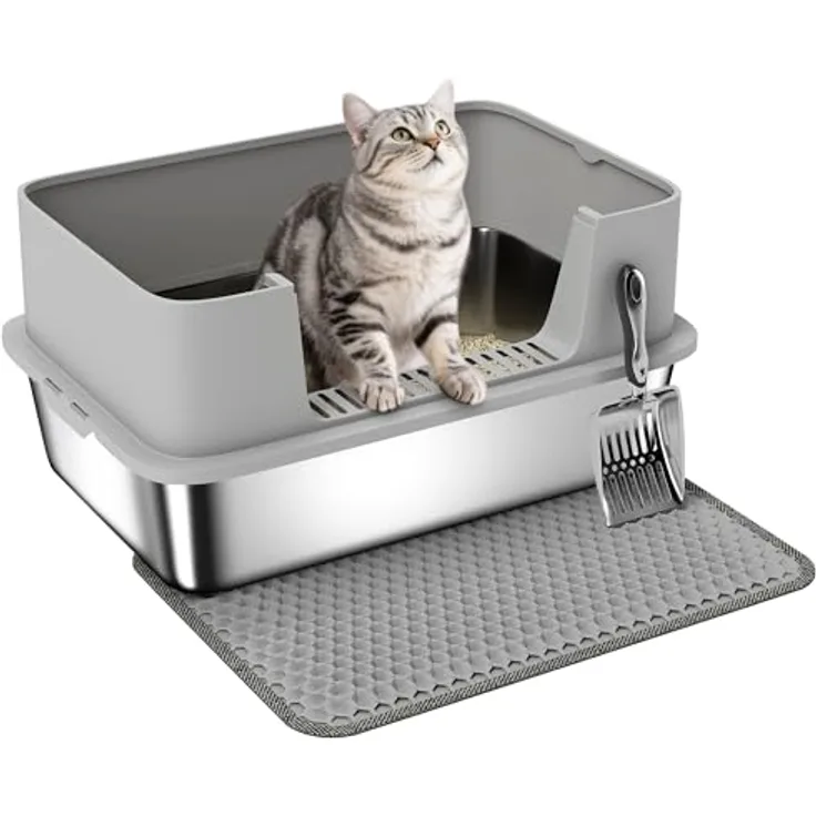 PawHut Katzentoilette Edelstahl Offene Katzenklo mit Schaufel, hohe Wände und Matte, für große Katzen bis 7 kg, 60,2 x 40,2 x 29,5 cm, Grau