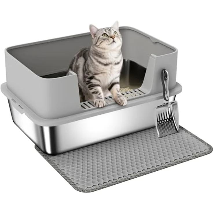 PawHut Katzentoilette Edelstahl Offene Katzenklo mit Schaufel, hohe Wände und Matte, für große Katzen bis 7 kg, 60,2 x 40,2 x 29,5 cm, Grau – Bild 1