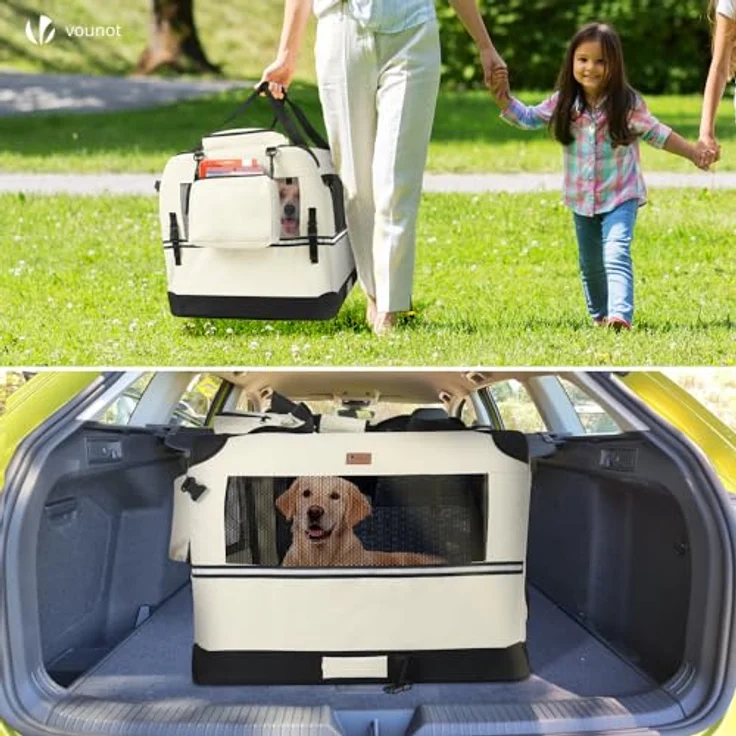 VOUNOT Faltbare Hundebox, Transportbox für Katzen und Hunde, atmungsaktiv, Oxford-Gewebe, Metallrahmen, 2 Taschen, 70x52x52cm, Beige – Bild 3