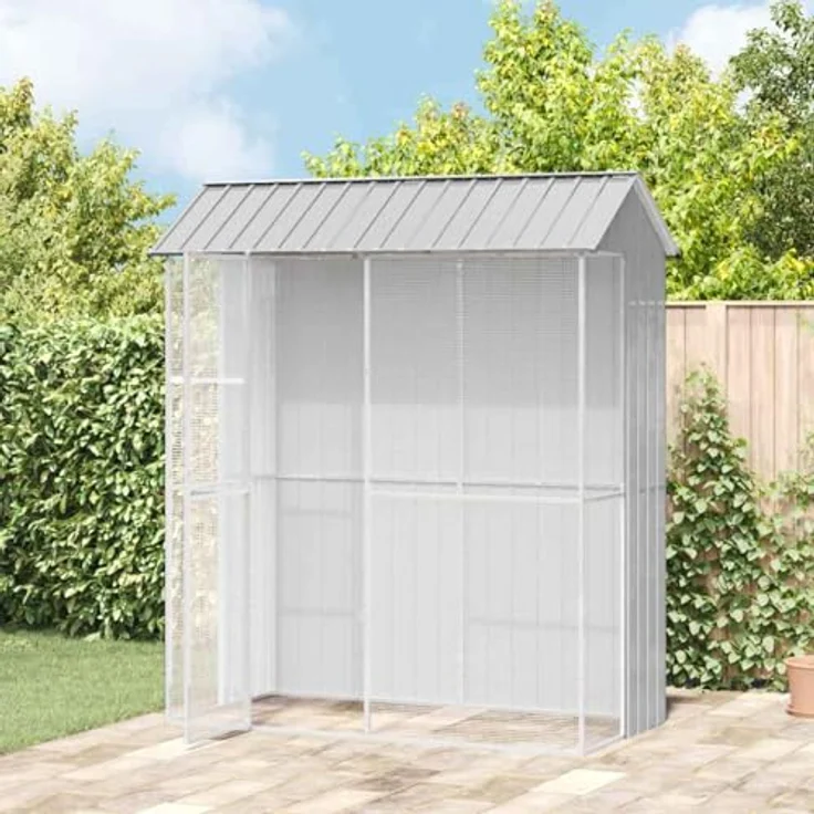 vidaXL Vogelkäfig Grau 215 x 110 x 247 cm, verzinkter Stahl, modernes Vogelheim, stabiles Gehege für Haustier-Vögel – Bild 2