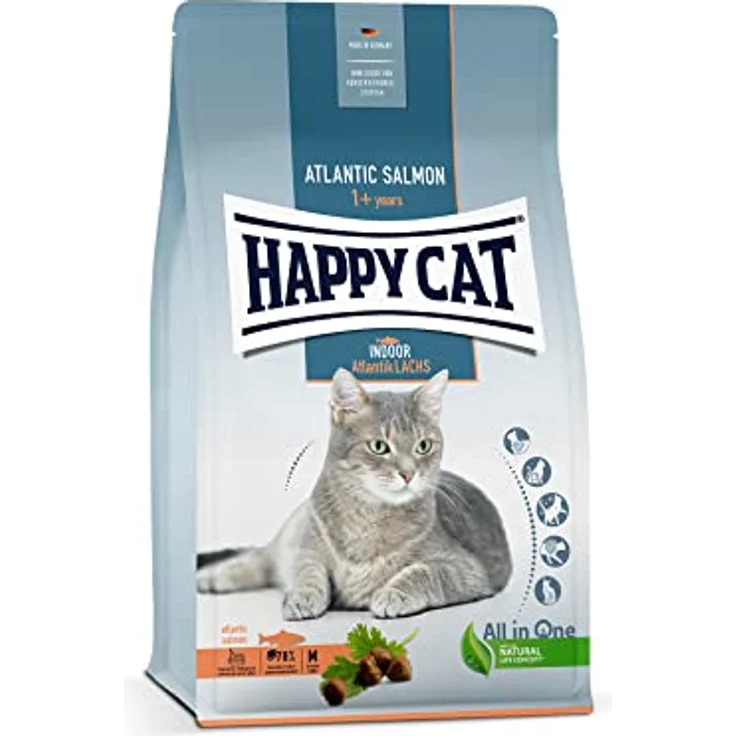 Happy Cat Indoor Adult Atlantik Lachs, Katzen-Trockenfutter für ausgewachsene Katzen, 4 kg, hochwertige Zutaten, ohne künstliche Zusätze – Bild 1