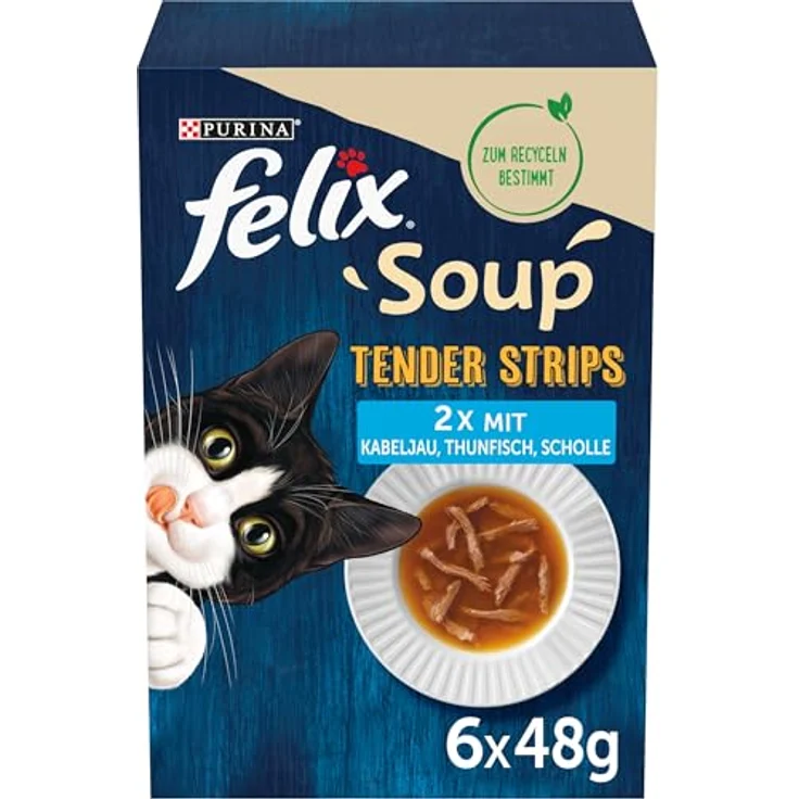 FELIX Soup Tender Strips Katzensuppe mit Kabeljau, Thunfisch & Scholle, 6 x 48g Portionsbeutel – Bild 1