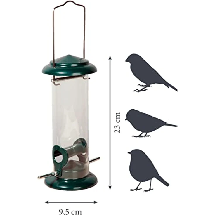 Transparente Futtersäule mit 2 Anflugstangen, Wildvogel-Futterstaton zum Aufhängen, 9,5 x 9,5 x 23 cm, Edelstahl – Bild 3