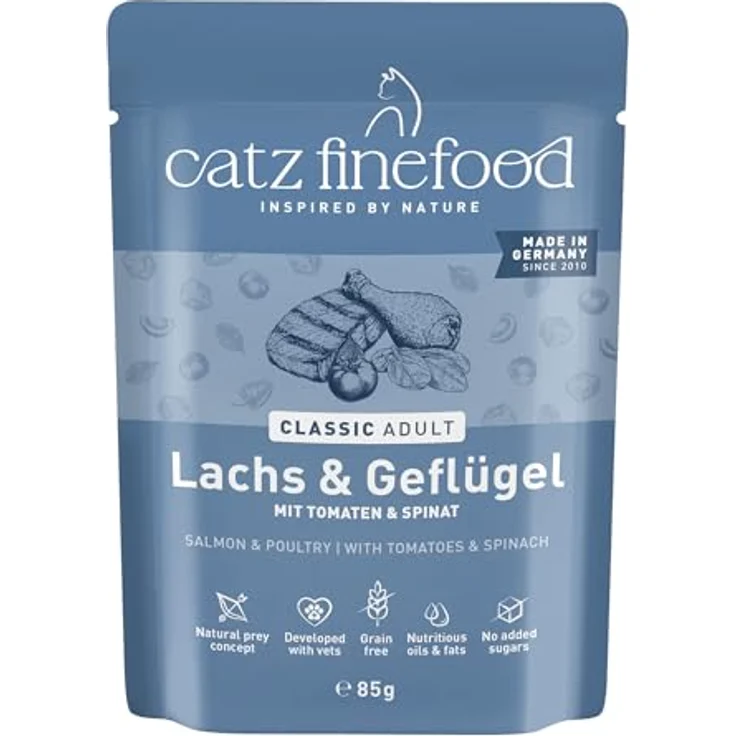 catz finefood Classic N° 5 Lachs & Geflügel, 24 x 85g Gourmet Nassfutter ohne Zucker & Getreide, glutenfrei, hoher Fleischanteil, Made in Germany – Bild 1