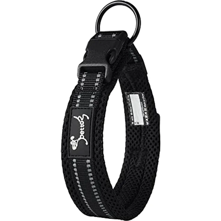 PETTOM Hundehalsband, Verstellbares Nylonhalsband mit gepolstertem Mesh, Atmungsaktiv und Reflektierend, Schwarz XS