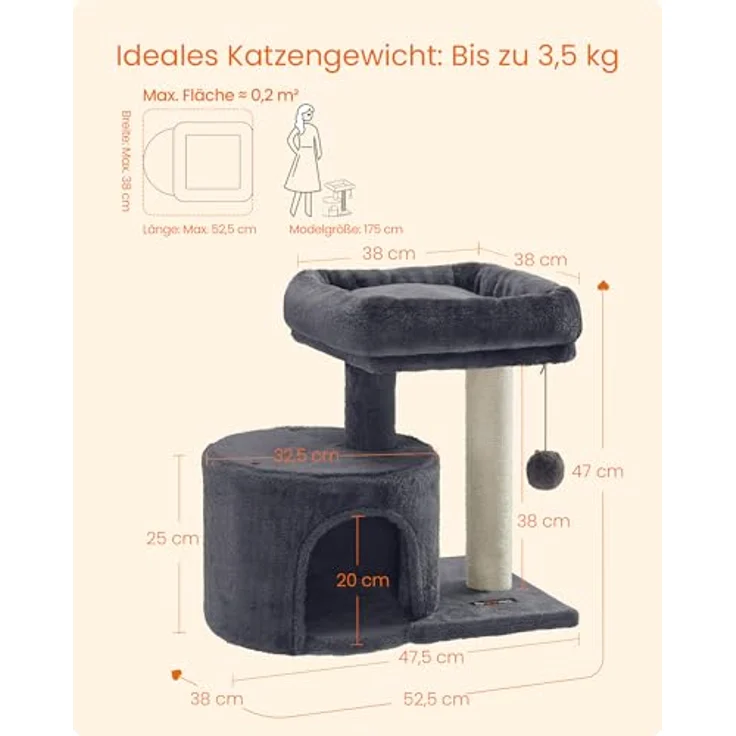 Feandrea PCT50G, kleiner Kratzbaum mit Sisalstamm und gepolsterter Plattform, für Kätzchen, rauchgrau – Bild 4