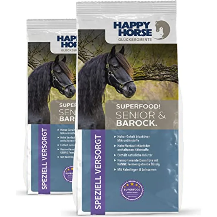 HAPPY HORSE Superfood Senior & Barock Pferdefutter, 2 x 14 kg, hochverdaulich mit Kräutern, Leinsamen & bioaktiven Mikronährstoffen für ältere & barocke Pferde