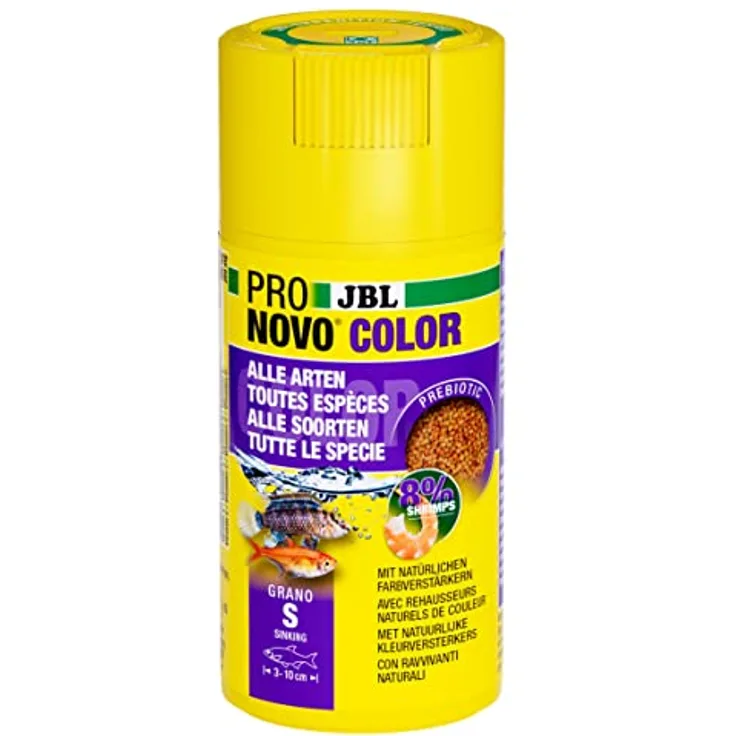 JBL PRONOVO COLOR GRANO CLICK, Farbfutter-Granulat für Aquarienfische von 3-10 cm, prebiotisch, 100 ml, Klickdosierer