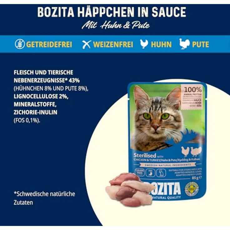 Bozita Sterilised Nassfutter Häppchen in Sauce mit Huhn & Pute, 12x85g getreidefreies & weizenfreies Katzenfutter, 8,5% Protein & 3,5% Fettgehalt – Bild 3
