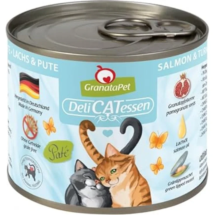GranataPet Lachs & Pute, Katzen-Nassfutter ohne Getreide, 6er Pack (6 x 200 g), mit Granatapfelkernen, feines Paté – Bild 1
