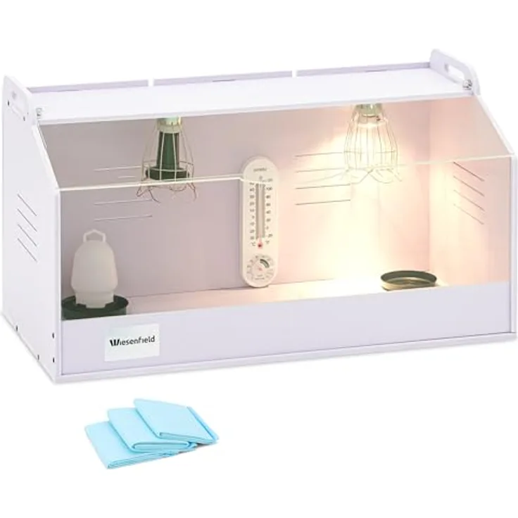 Wiesenfield Kükenaufzuchtbox, Wärme- und Lichtregelbar bis 36 °C, 78 x 40 x 42 cm, inkl. Tränke, Hygienematten, Thermo- und Hygrometer, belüftet und pflegeleicht