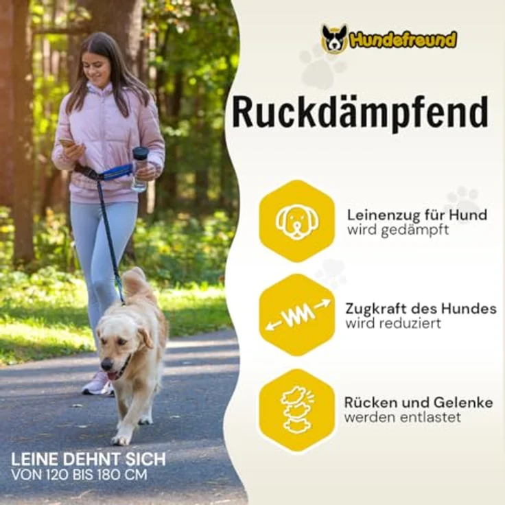 Hundefreund Joggingleine mit Bauchgurt Blau, elastisch, ruckdämpfend, reflektierend, für Hunde bis 70 kg, freie Hände zum Joggen, Laufen, Radfahren, Wandern – Bild 3