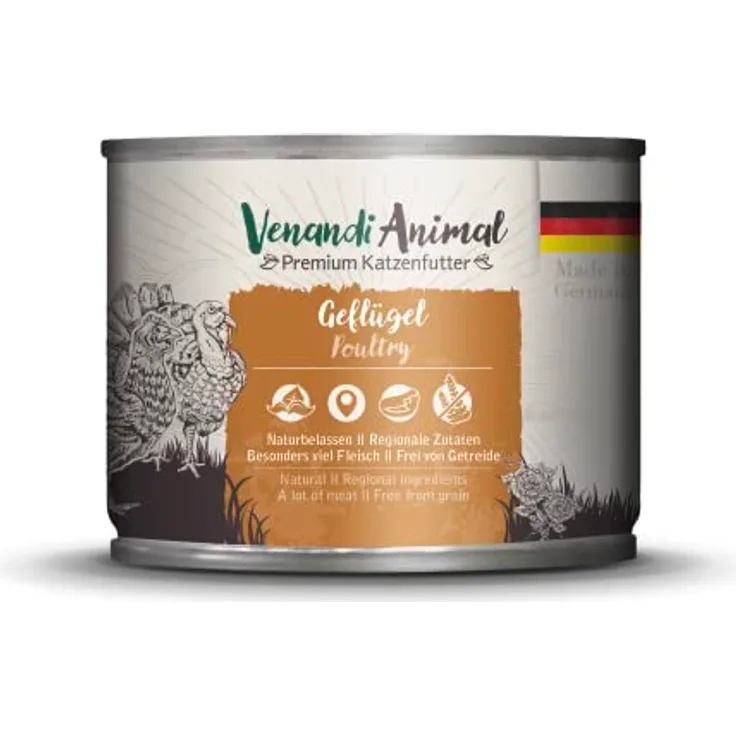 Venandi Premium Nassfutter für Katzen - Geflügel, getreidefrei, 200g, hoher Fleischanteil