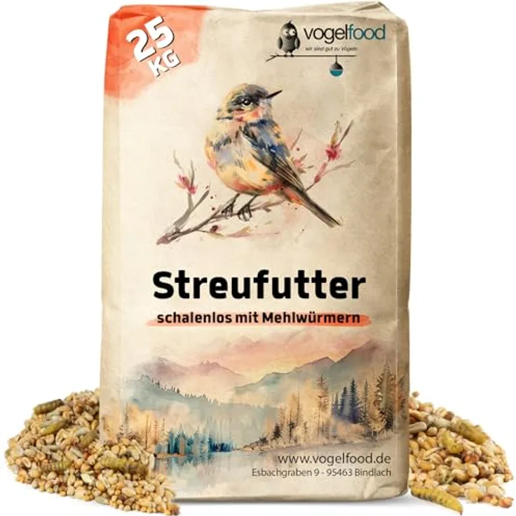 vogelfood Vogelfood 25 kg Streufutter ohne Schalen mit Mehlwürmern, Ganzjahresfutter für Wildvögel
