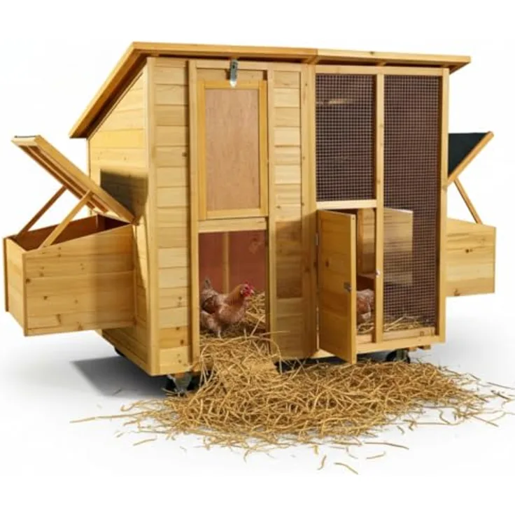 Mucola Hühnerstall 214x108x125 cm, rollbar aus massivem Holz Natur mit 2 Nestboxen, 4 Nistplätzen und wetterfestem Dach, Eiablage von außen zugänglich
