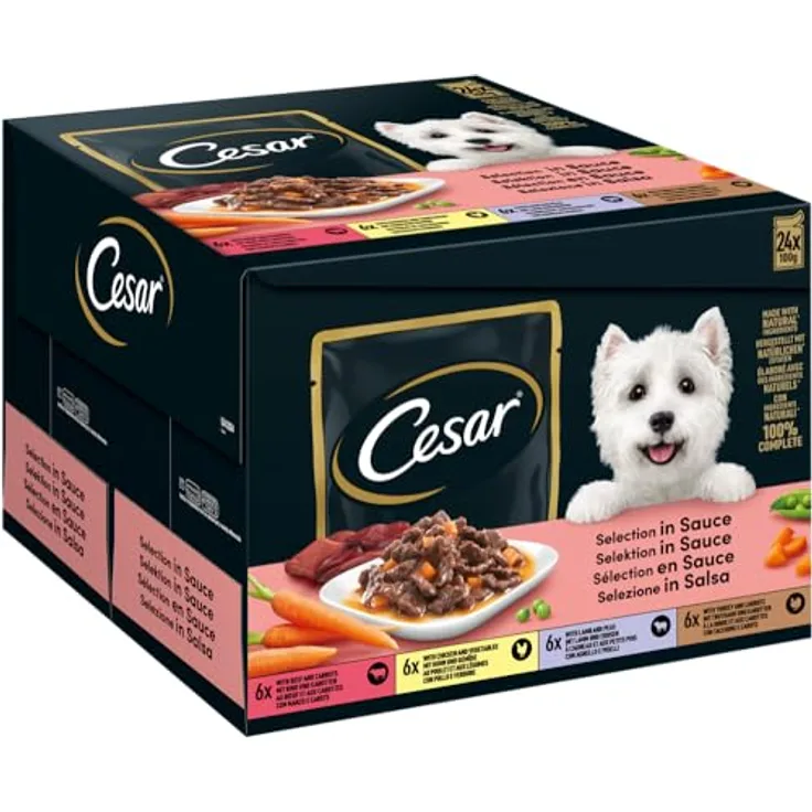 Cesar Portionsbeutel Multipack Selektion in Sauce, 4 Varietäten, 24 x 100g, ausgewogene Rezeptur ohne Zuckerzusatz