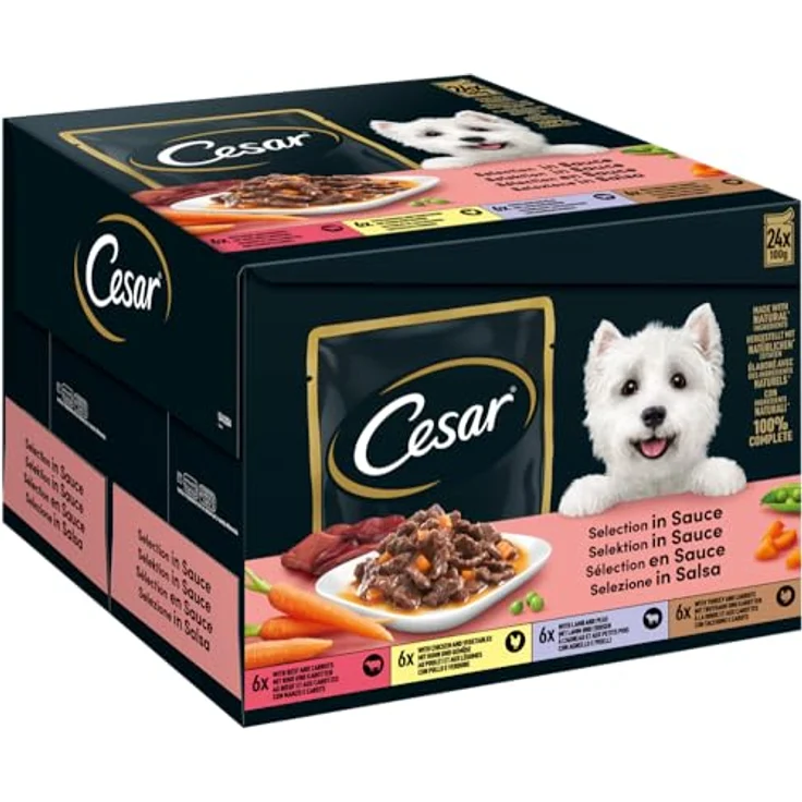 Cesar Portionsbeutel Multipack Selektion in Sauce, 4 Varietäten, 24 x 100g, ausgewogene Rezeptur ohne Zuckerzusatz – Bild 1