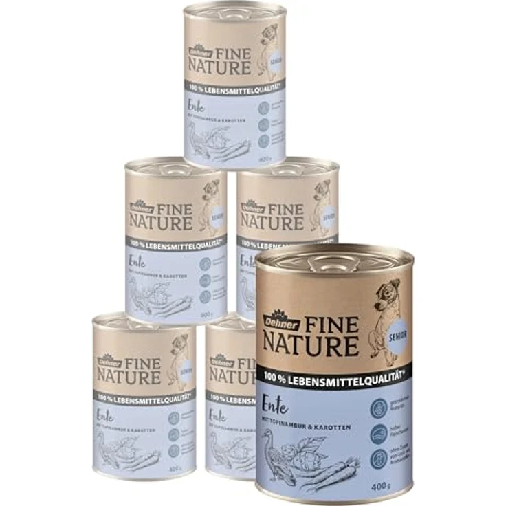 Dehner Fine Nature Hundefutter, Nassfutter in Lebensmittelqualität für ältere Hunde, Ente mit Topinambur und Karotten, 6 x 400 g Dose (2.4 kg) – Bild 1