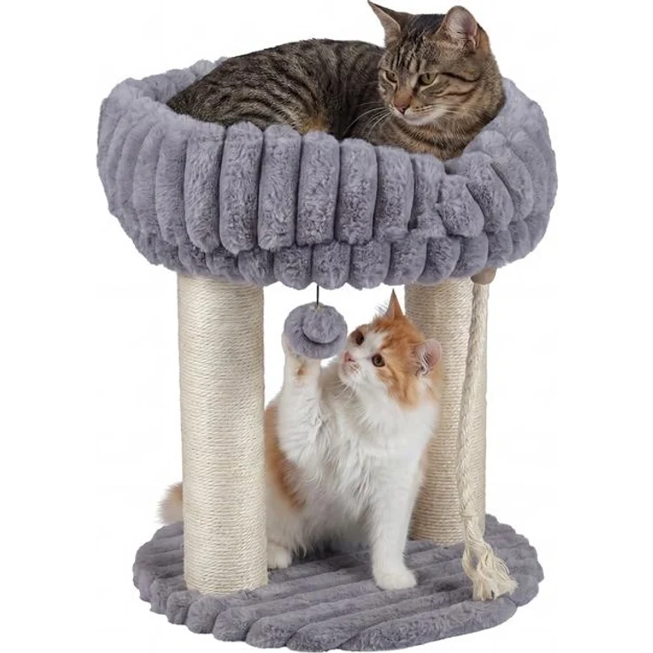 KOMFOTTEU Kratzbaum klein, Beige/Grau/Weiß, mit weicher Sitzfläche, 2 Sisalstämmen & Spielball