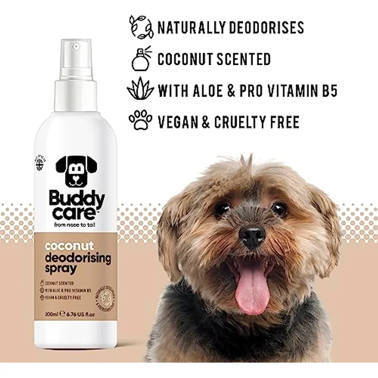 Buddycare Desodorierungsspray für Hunde – Kokosnuss – Mit Aloe Vera und Pro Vitamin B5, 200 ml, vegan, tierversuchsfrei – Bild 2