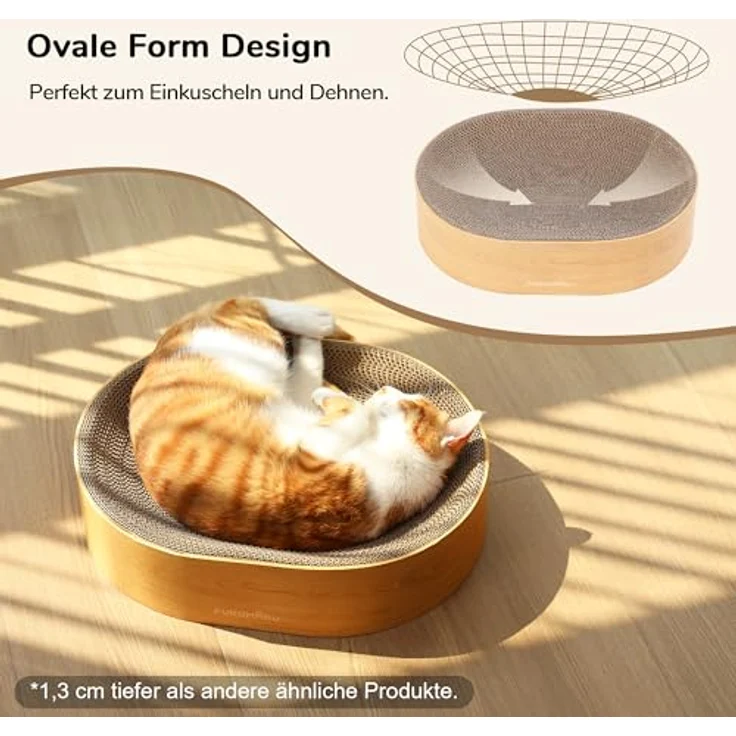 FUKUMARU Ovales Kratzbrett für Katzen, 2-in-1 Kratzmöbel und Lounge, hochwertige Wellpappe, Holzfarbe, ergonomisches Design für Komfort und Krallenpflege – Bild 5