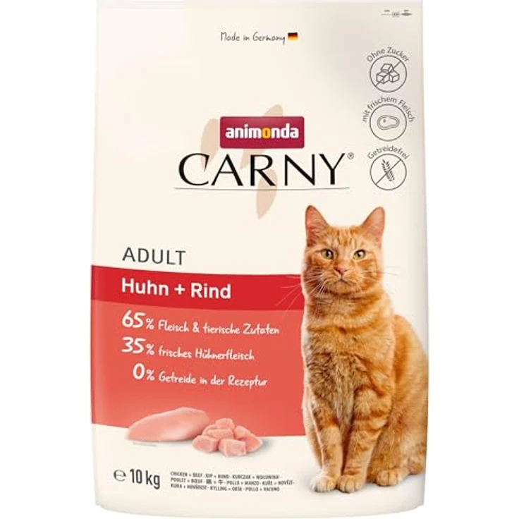 Animonda Carny Trockenfutter Katze Adult Huhn und Rind, 10 kg, knusprig, ohne Getreide, leicht verdaulich, ideal für sensible Katzen – Bild 1