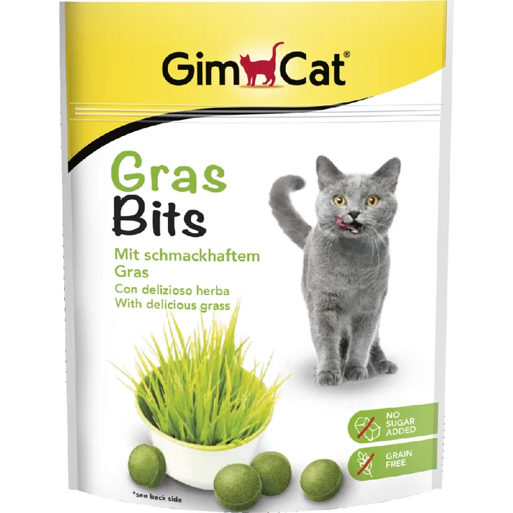 GimCat GrasBits - Sparpaket: 2 x 140 g, aromatischer Katzensnack für Indoor-Katzen, getreide- und zuckerfrei, unterstützt normale Verdauung