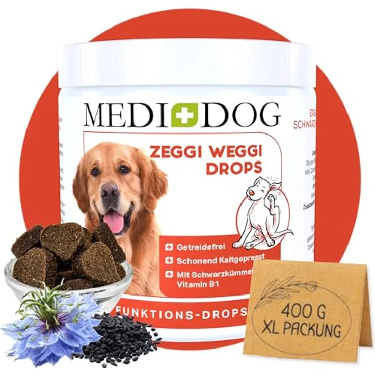 MEDIDOG Zeggi Weggi Premium Drops für Hunde – 400 g – mit Schwarzkümmelöl, Zistrose, Kokosöl und Lammprotein – hypoallergen, stärkt Hautabwehrkräfte