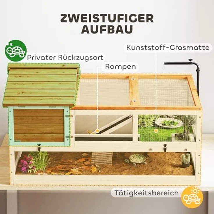 PawHut Kleintierstall mit zwei Haupthäusern, aufklappbarem Dach, Lampenhalter für Schildkröten und Reptilien, 116 x 70,5 x 69,5 cm, Orange – Bild 3