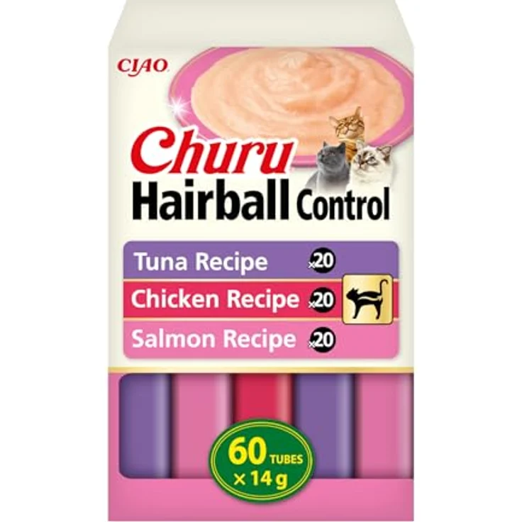 INABA Churu Hairball Control Katzenleckerlis, Cremige Schleckies mit Thunfisch, Huhn & Lachs, Reich an Omega 3 & 6, Ohne Getreide und Zucker, 60 x 14 g – Bild 1