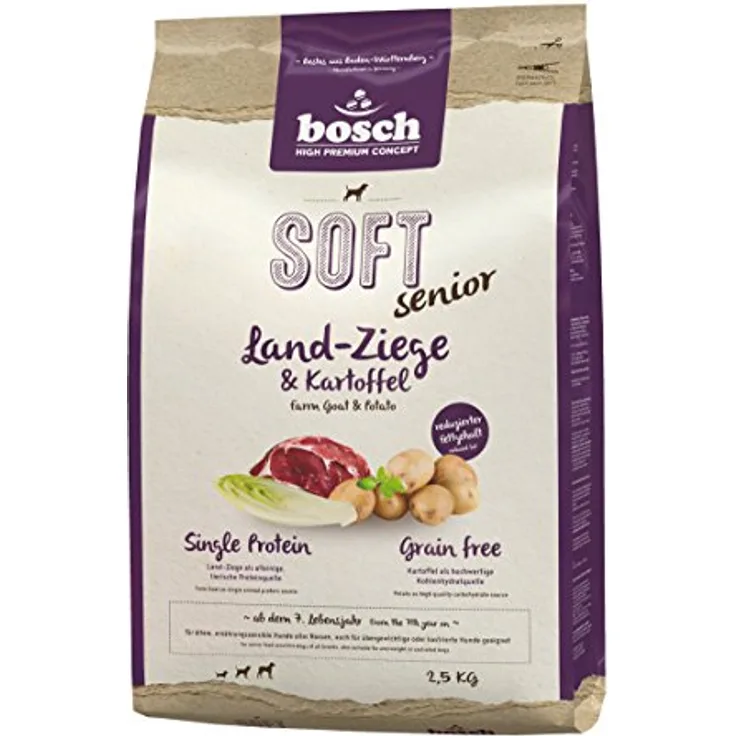 Bosch HPC SOFT Senior Ziege & Kartoffel, halbfeuchtes Hundefutter für ernährungssensible Hunde, Single Protein, Grain-Free, 1 x 2.5 kg
