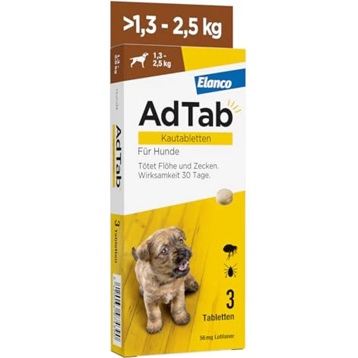 AdTab Hund Kautabletten gegen Zecken & Flöhe, 3 Tabletten Packung mit Rindfleischgeschmack, für Hunde 1,3-2,5 kg, 3 Monate Schutz – Bild 1