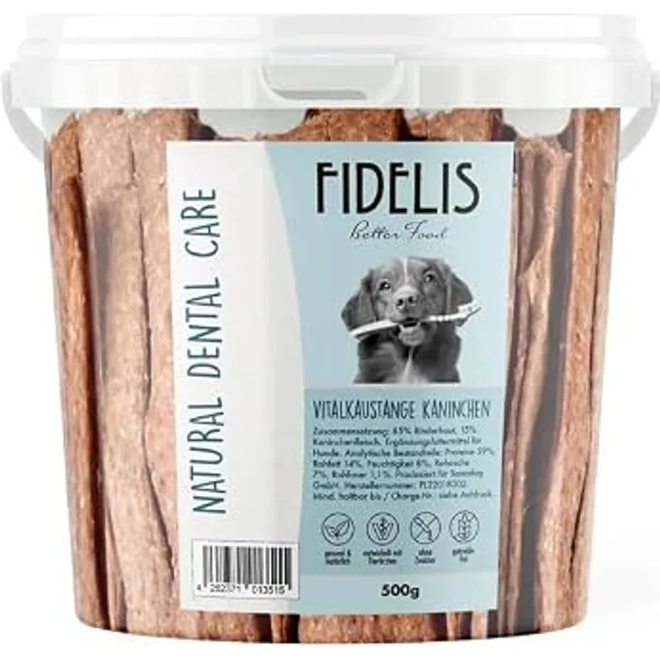 Fidelis Vitalkaustange Kaninchen, Zahnpflege Snacks für Hunde, 500g Eimer, luftgetrocknete Leckerlis aus 100% natürlichen Rohstoffen