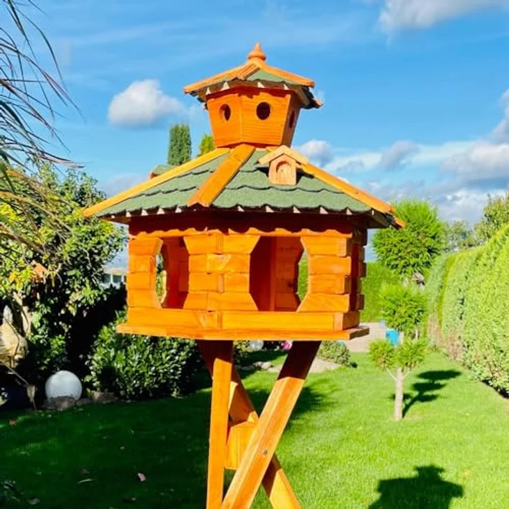 DARLUX handgefertigtes Sechseck Vogelhaus aus Holz, wetterfest, Größe XXL mit Ständer, Grün - Braun, inkl. Futterspender und Schornsteindeckel – Bild 5