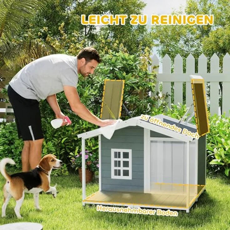 PawHut Hundehütte Wetterfestes Hundehaus aus Holz, Erhöhte Hundehöhle mit Aufklappbarem Asphaltdach, Terrasse und Fenster, für mittelgroße Hunde bis 20 kg, Grau, 103 x 107 x 83,5 cm – Bild 4