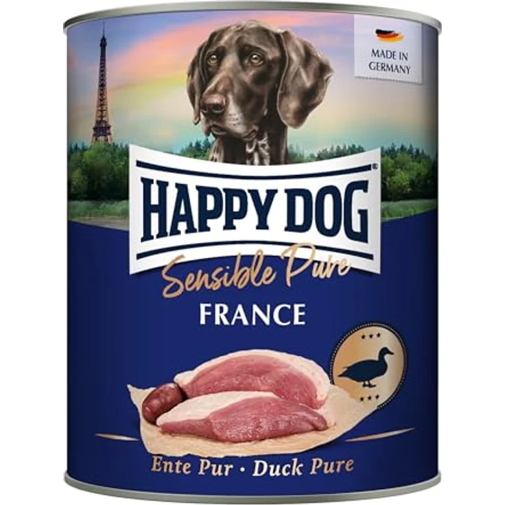 Happy Dog Sensible Pure France, Hunde-Nassfutter mit 100% Ente, 6 x 800 g, ohne Soja und Zusatzstoffe