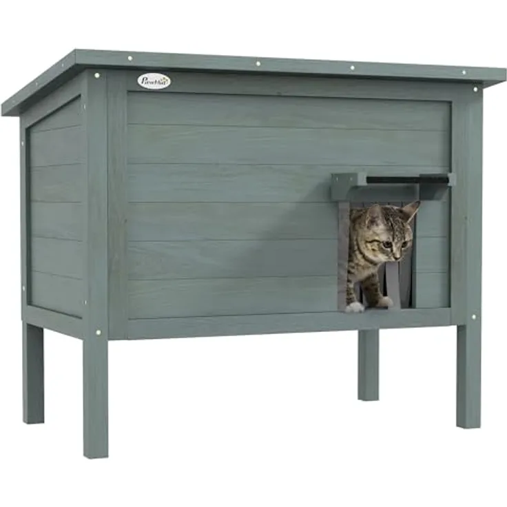 PawHut Katzenhaus aus Holz, winterfest und wasserdicht mit Asphaltdach, für 1-2 Katzen bis 5 kg, dunkelgrau, 85 x 50 x 68,5 cm