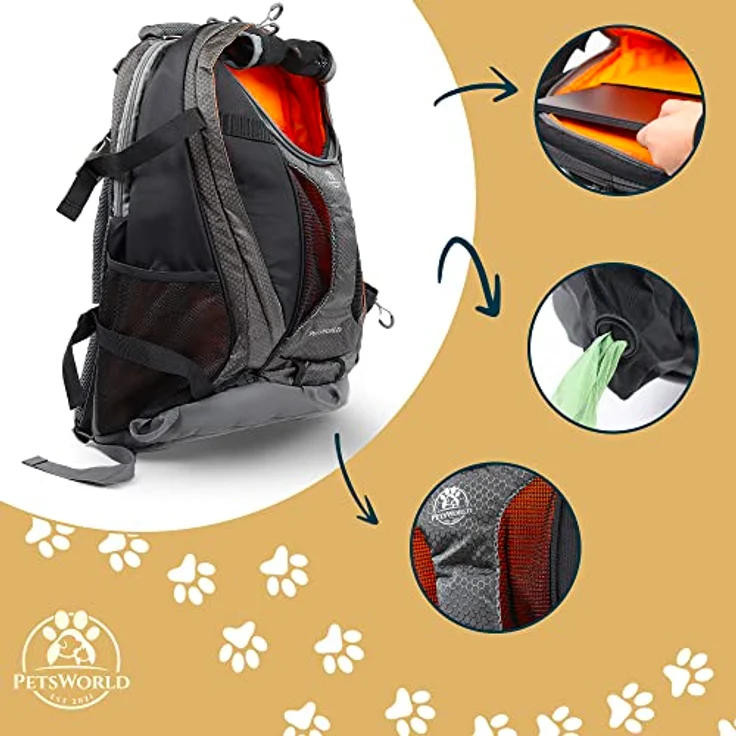 PETSWORLD Hunderucksack für Hunde bis 5 kg, inkl. Kotbeutelspender, Wassernapf und Laptopfach, flugtauglich als Handgepäck, komfortabel und sicher – Bild 4