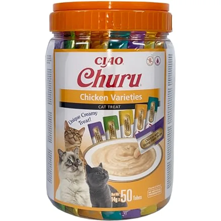 INABA Churu Katzenleckerlies, Variety Box mit Huhn, Getreidefrei, Zuckerfrei, Kalorienarm, 100% natürliches Fleisch, 50 x 14 g