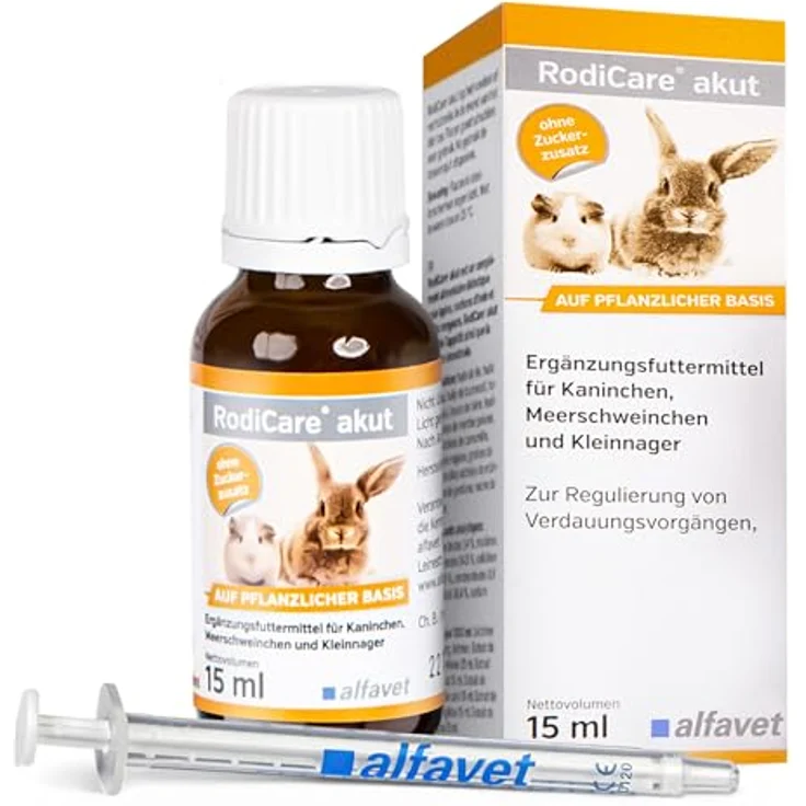 Alfavet RodiCare akut Ergänzungsfuttermittel zur Regulierung der Verdauung, 15ml Glasflasche mit Dosierspritze für Kaninchen, Meerschweinchen und Kleinnager – Bild 1