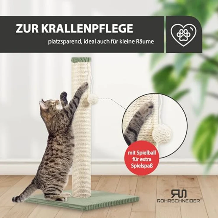 Rohrschneider Kratzbaum klein, Kratzsäule mit Spielkugel, Sisalstärke 6 mm, Bodenplatte mit Cordüberzug, Höhe 64 cm, Farbe Salbei – Bild 5