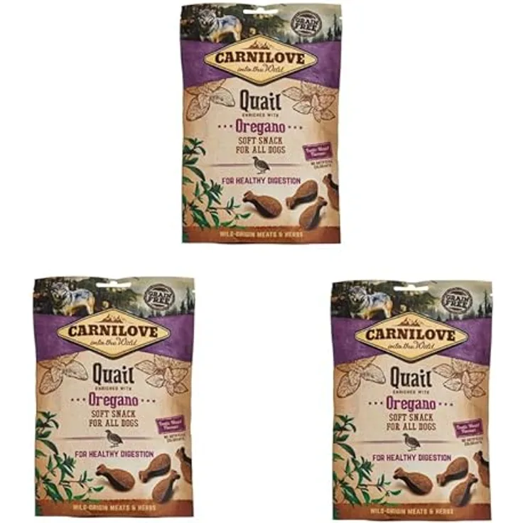 CARNILOVE Quail Oregano Soft Snack für Hunde, 3er Pack, 3 x 200 g, mit exotischem Fleischgeschmack und Verdauungsunterstützung durch Oregano