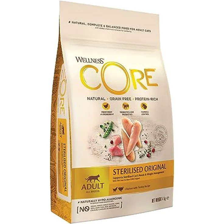 Wellness CORE Sterilised Original, Katzenfutter trocken für sterilisierte Katzen, Pute & Huhn, 4 kg, getreidefrei, ohne Zuckerzusatz, hoher Fleischanteil, zur Haarballenprävention