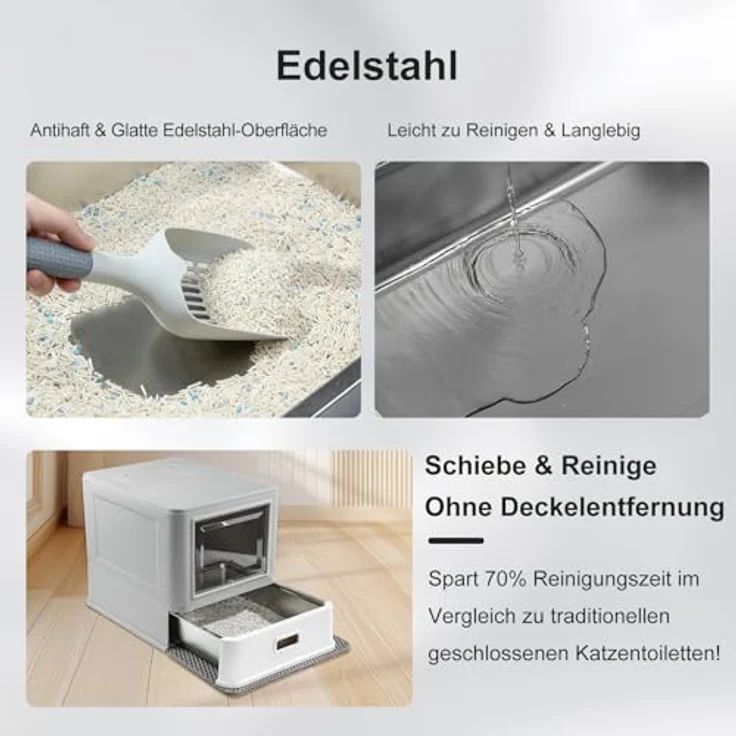 Marchul Katzentoilette, Geschlossene Katzentoilette aus Edelstahl mit Deckel und Schublade, XL für Wohnungskatzen, geruchsfrei mit Lamellen gegen Auslaufen, inkl. Schaufel und Matte – Bild 2
