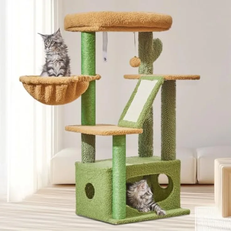 Taoqimiao MS029ST Kratzbaum, 98cm für Wohnungskatzen mit verstellbarem Hängkorb und langlebigem Sisal-Kratzbereich
