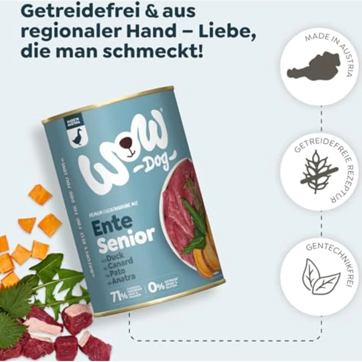 WOW Senior Ente, 400g Nassfutter für Hunde, getreidefrei, 6 x 400g, mit frischem Fleisch und wertvollen Mikronährstoffen – Bild 5