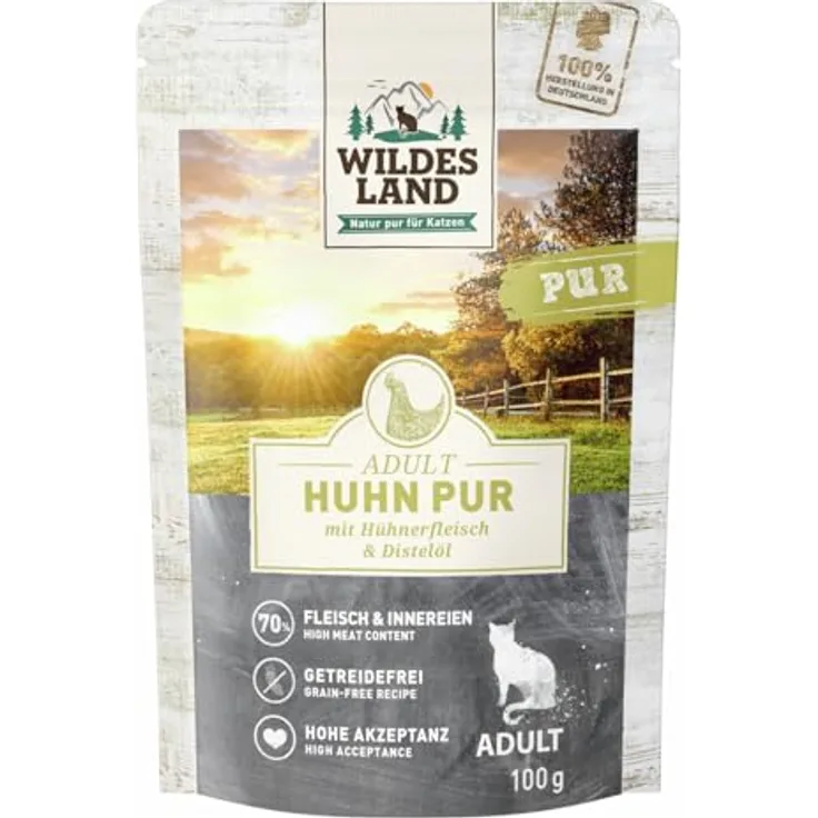 WILDES LAND Hühnerpüree Nassfutter für Katzen, natürliche Inhaltsstoffe mit Distelöl, Tablett 12 x 100 g